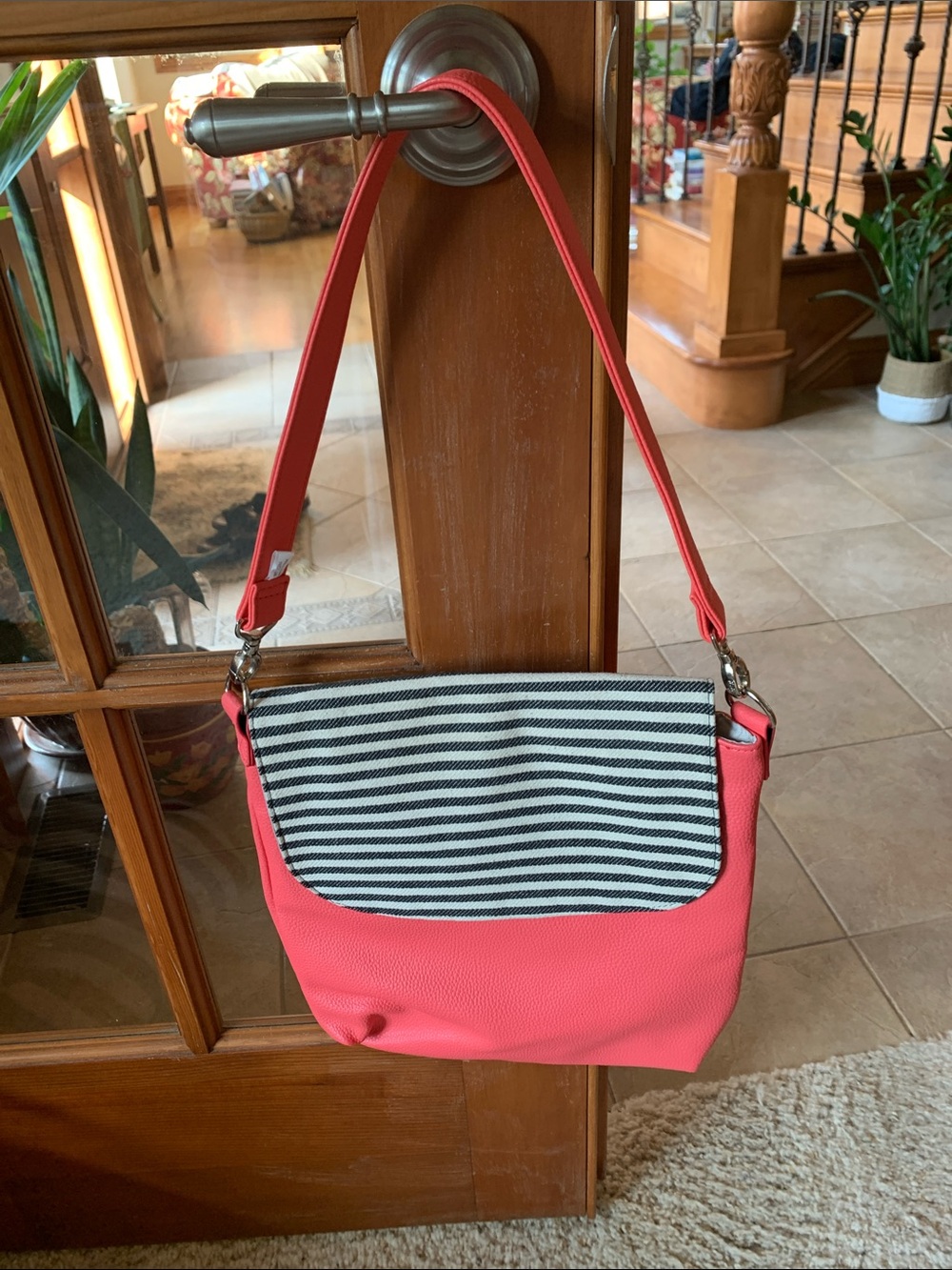 Thirty One Coral Pink Shoulder Bag with Striped Flap